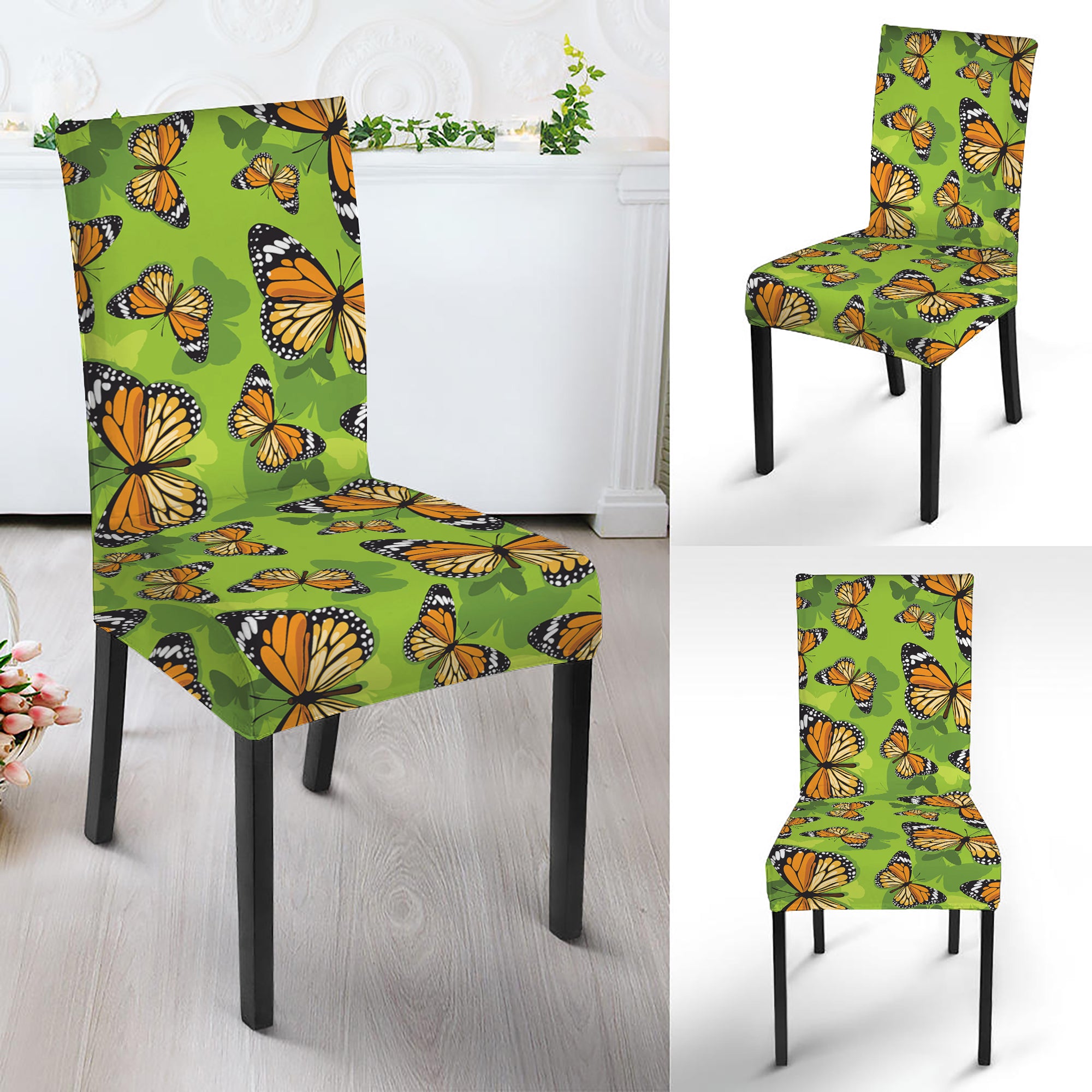 Green Monarch Butterfly Pattern Print Dining Chair Slipcover