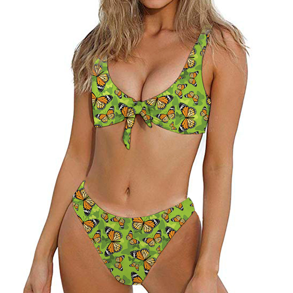 Green Monarch Butterfly Pattern Print Front Bow Tie Bikini