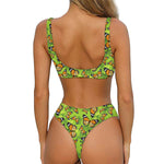 Green Monarch Butterfly Pattern Print Front Bow Tie Bikini