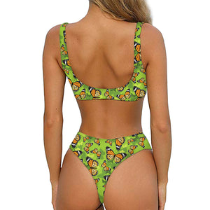 Green Monarch Butterfly Pattern Print Front Bow Tie Bikini