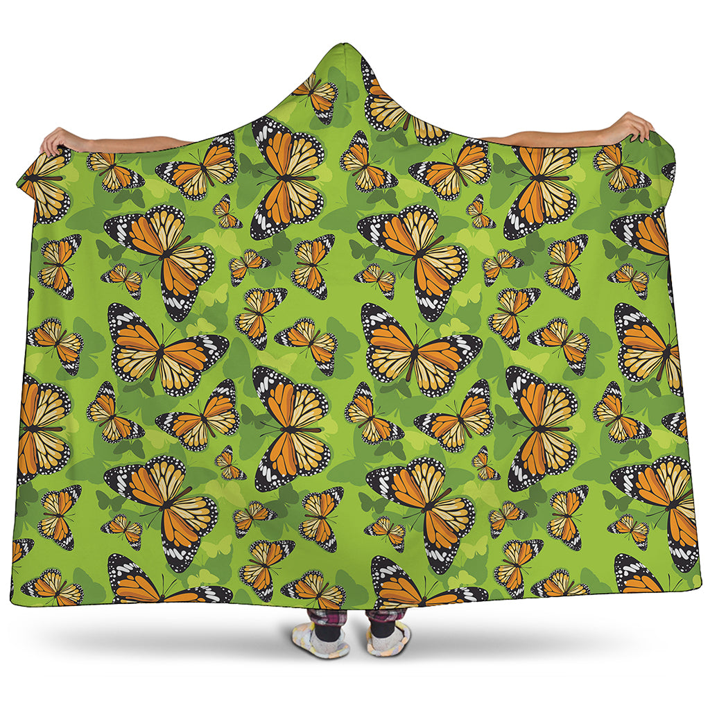 Green Monarch Butterfly Pattern Print Hooded Blanket