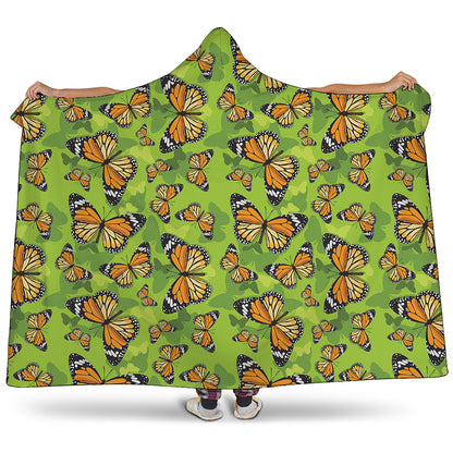 Green Monarch Butterfly Pattern Print Hooded Blanket