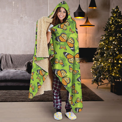 Green Monarch Butterfly Pattern Print Hooded Blanket