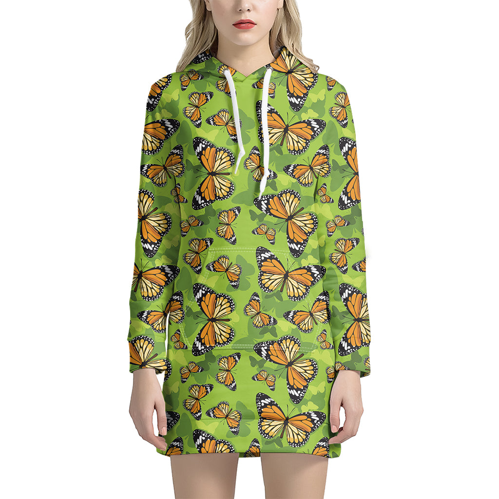 Green Monarch Butterfly Pattern Print Hoodie Dress