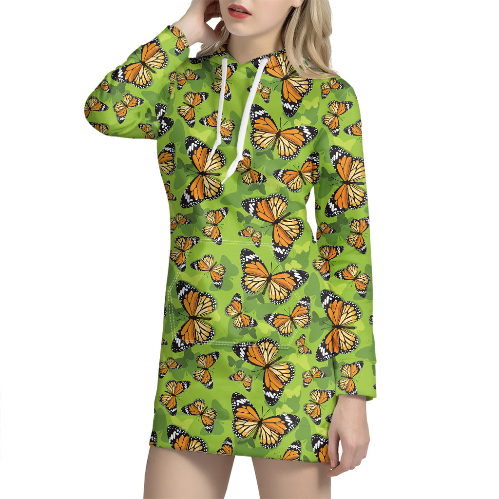 Green Monarch Butterfly Pattern Print Hoodie Dress