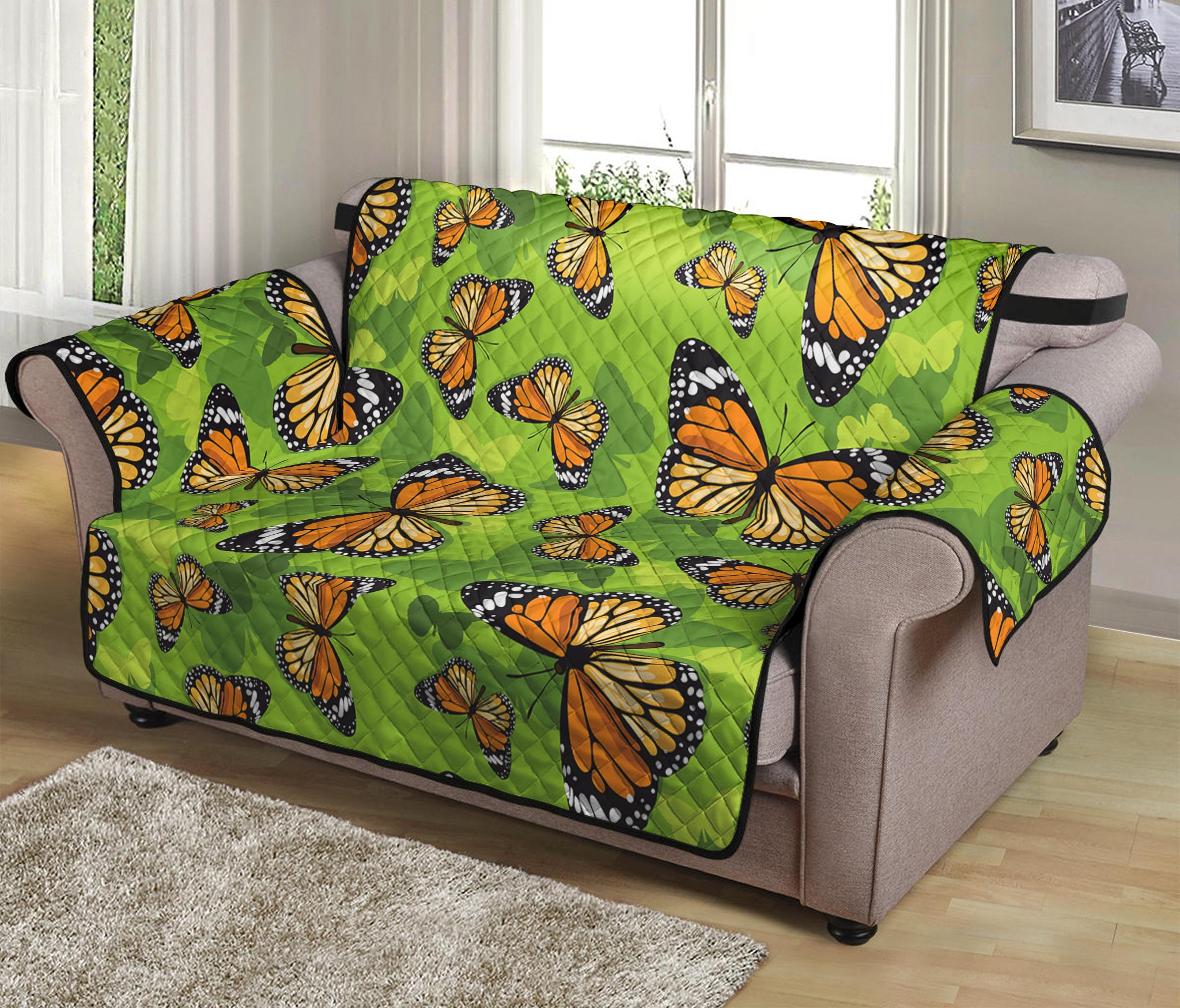 Green Monarch Butterfly Pattern Print Loveseat Protector
