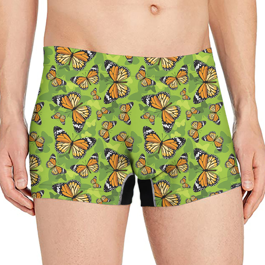 Green Monarch Butterfly Pattern Print Men's Boxer Briefs