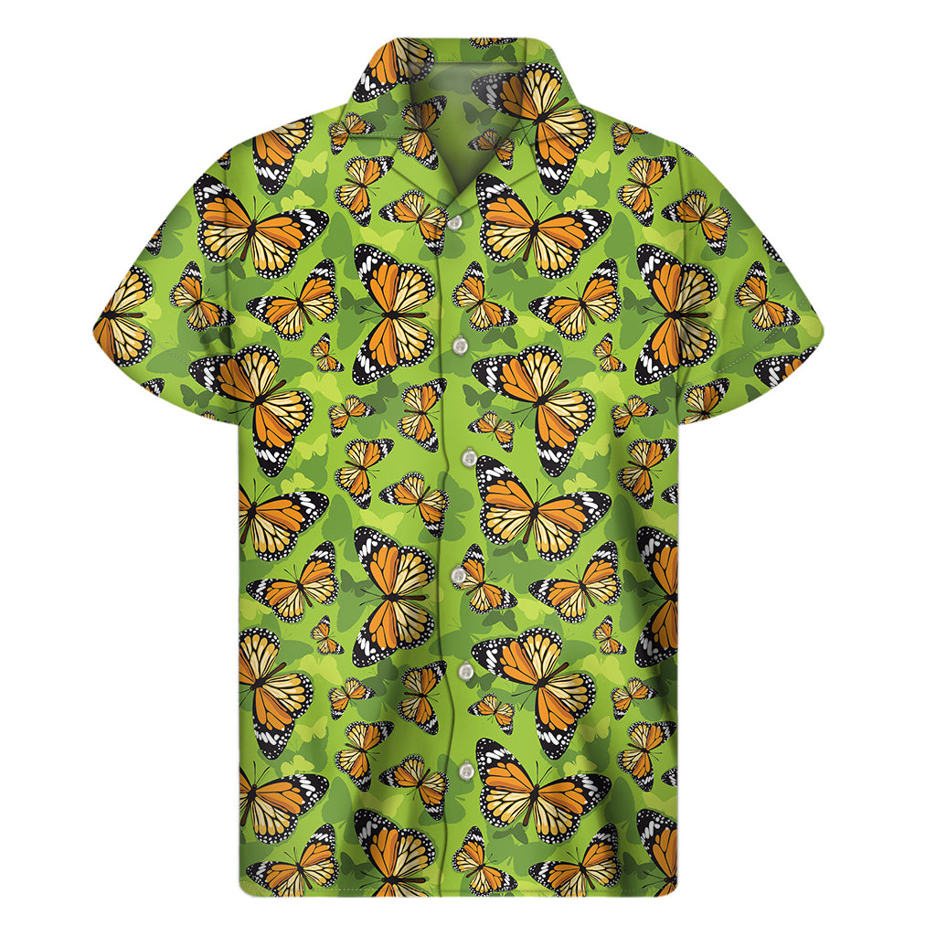 Green Monarch Butterfly Pattern Print Men's Short Sleeve Shirt