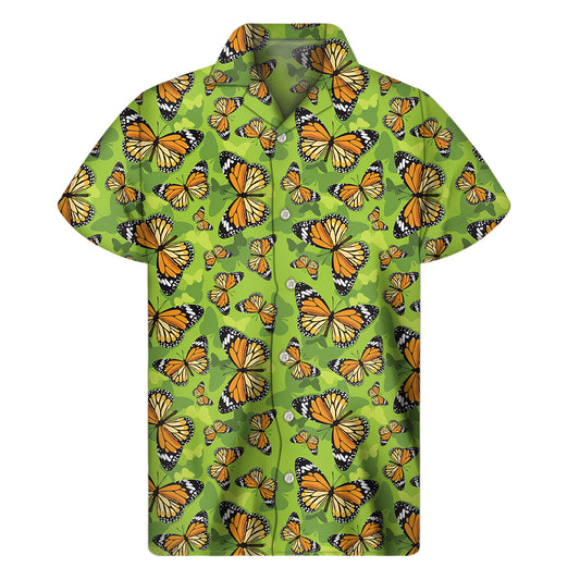 Green Monarch Butterfly Pattern Print Men's Short Sleeve Shirt