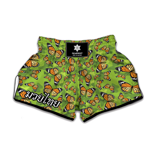 Green Monarch Butterfly Pattern Print Muay Thai Boxing Shorts