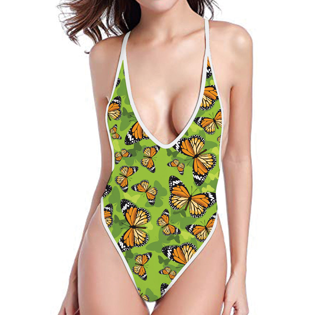 Green Monarch Butterfly Pattern Print One Piece High Cut Swimsuit