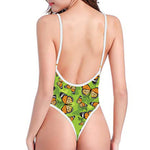 Green Monarch Butterfly Pattern Print One Piece High Cut Swimsuit