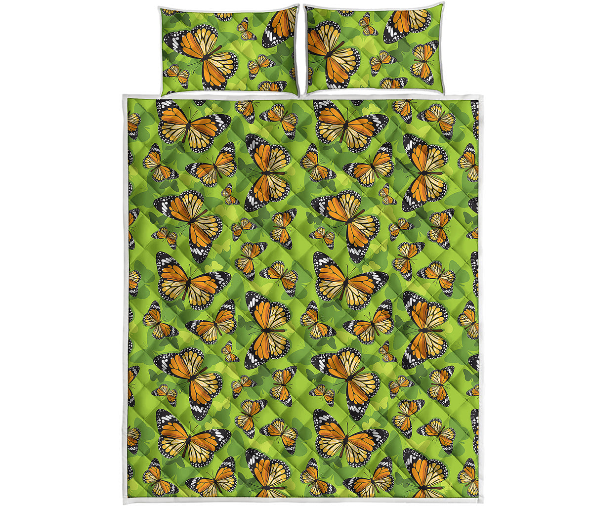 Green Monarch Butterfly Pattern Print Quilt Bed Set