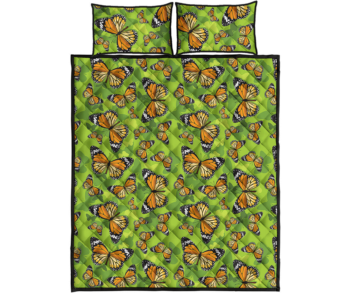 Green Monarch Butterfly Pattern Print Quilt Bed Set