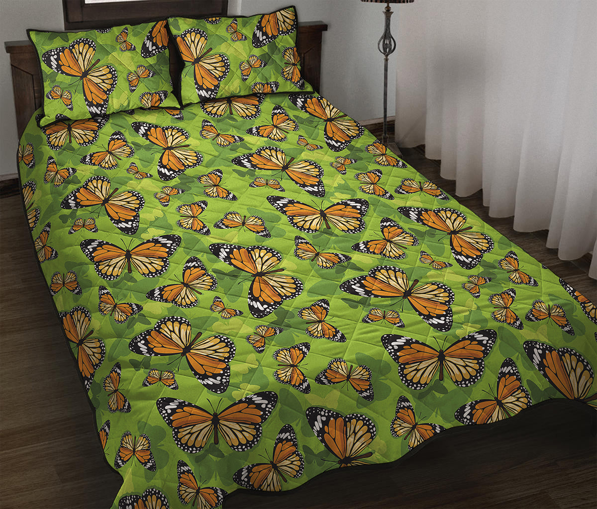 Green Monarch Butterfly Pattern Print Quilt Bed Set