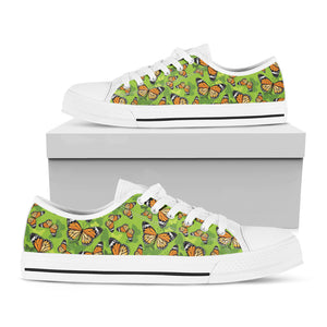 Green Monarch Butterfly Pattern Print White Low Top Shoes