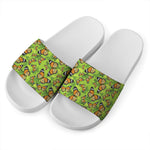 Green Monarch Butterfly Pattern Print White Slide Sandals
