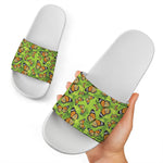 Green Monarch Butterfly Pattern Print White Slide Sandals