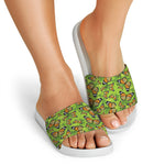 Green Monarch Butterfly Pattern Print White Slide Sandals