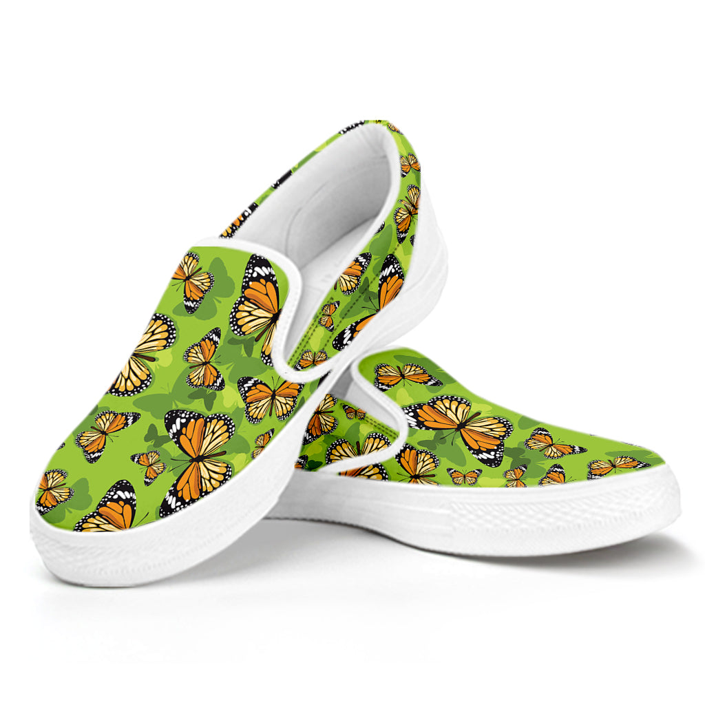 Green Monarch Butterfly Pattern Print White Slip On Shoes