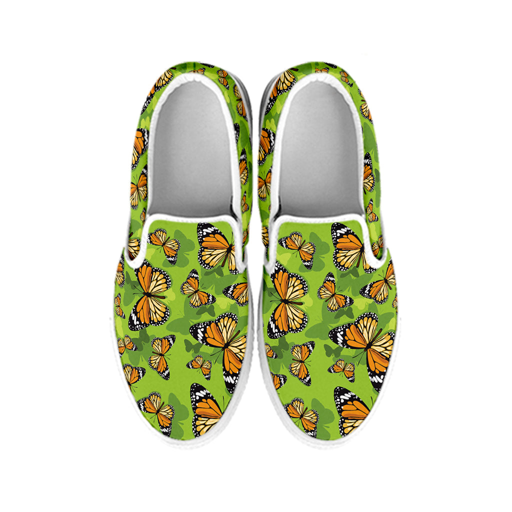 Green Monarch Butterfly Pattern Print White Slip On Shoes