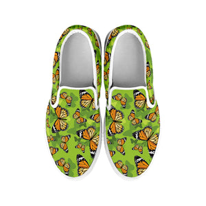 Green Monarch Butterfly Pattern Print White Slip On Shoes