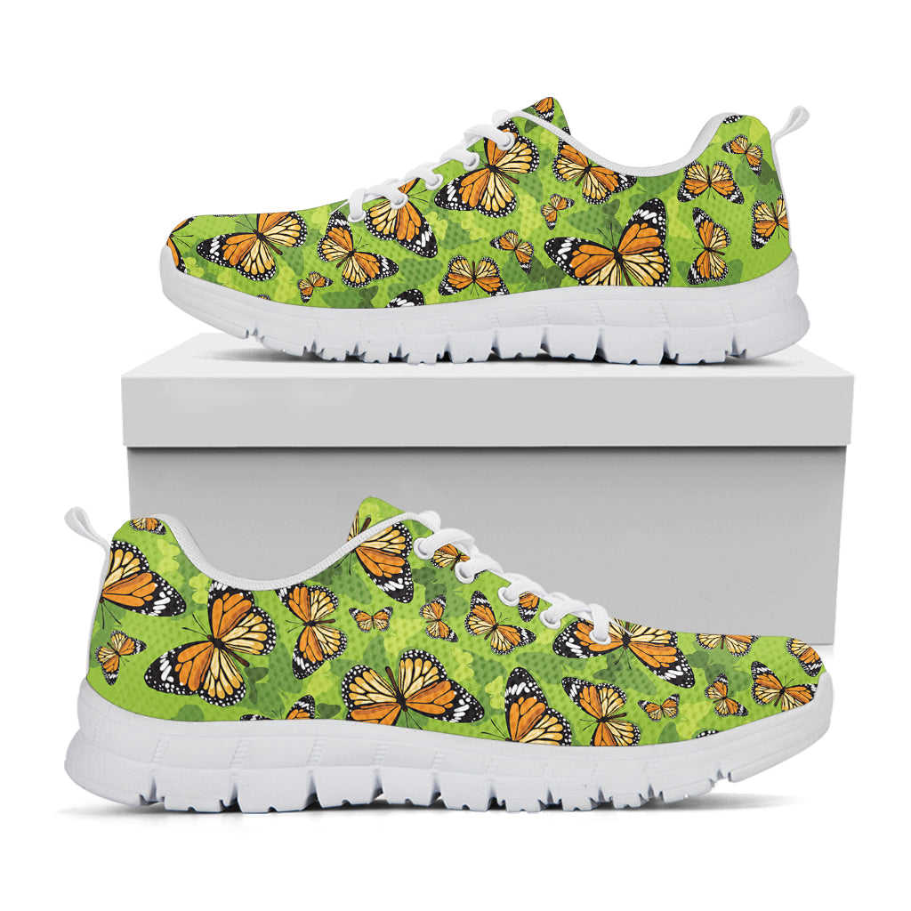 Green Monarch Butterfly Pattern Print White Sneakers