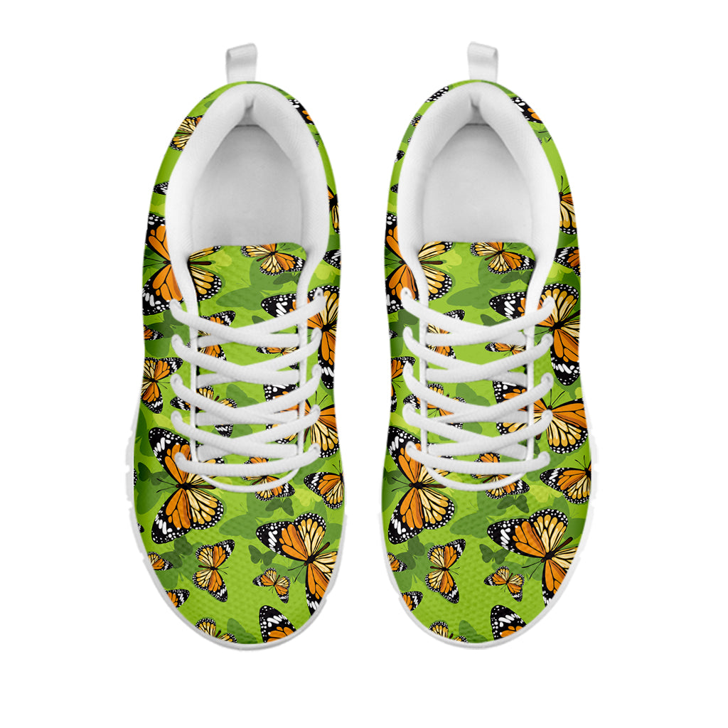 Green Monarch Butterfly Pattern Print White Sneakers