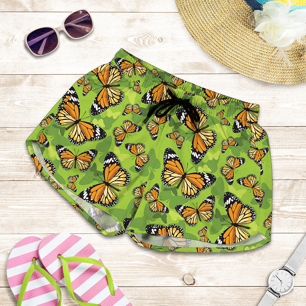 Green Monarch Butterfly Pattern Print Women's Shorts