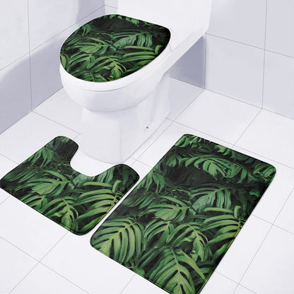 Green Monstera Leaf Print 3 Piece Bath Mat Set