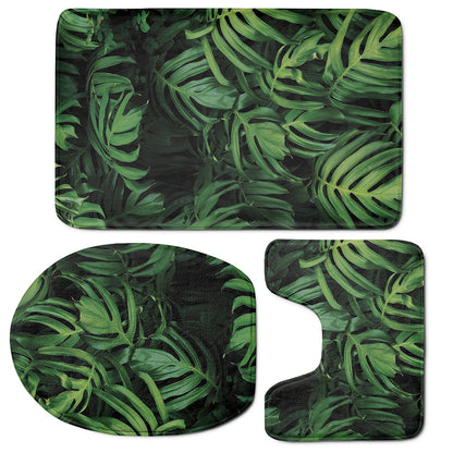 Green Monstera Leaf Print 3 Piece Bath Mat Set