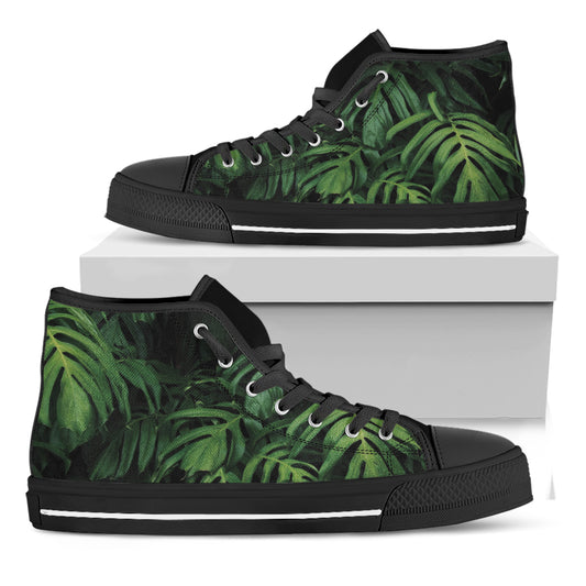 Green Monstera Leaf Print Black High Top Shoes