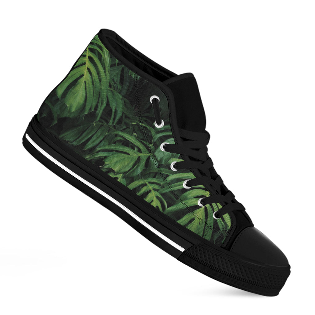 Green Monstera Leaf Print Black High Top Shoes