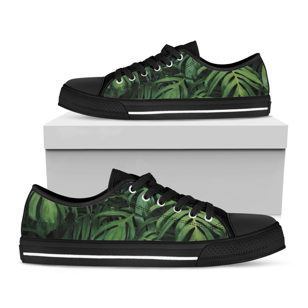 Green Monstera Leaf Print Black Low Top Shoes