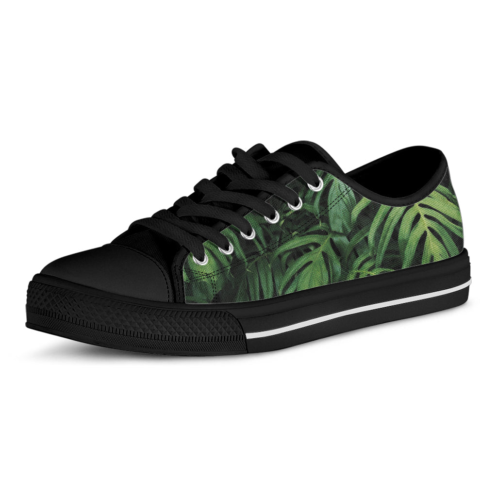 Green Monstera Leaf Print Black Low Top Shoes