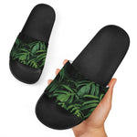 Green Monstera Leaf Print Black Slide Sandals