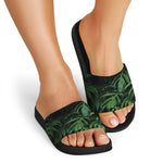 Green Monstera Leaf Print Black Slide Sandals