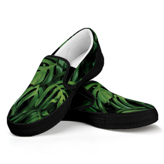 Green Monstera Leaf Print Black Slip On Shoes