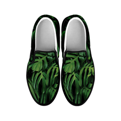 Green Monstera Leaf Print Black Slip On Shoes