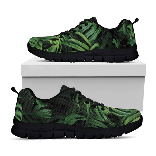 Green Monstera Leaf Print Black Sneakers