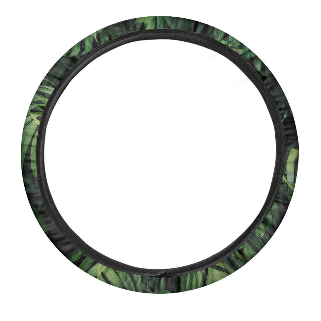 Green Monstera Leaf Print Car Steering Wheel Cover