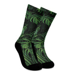 Green Monstera Leaf Print Crew Socks
