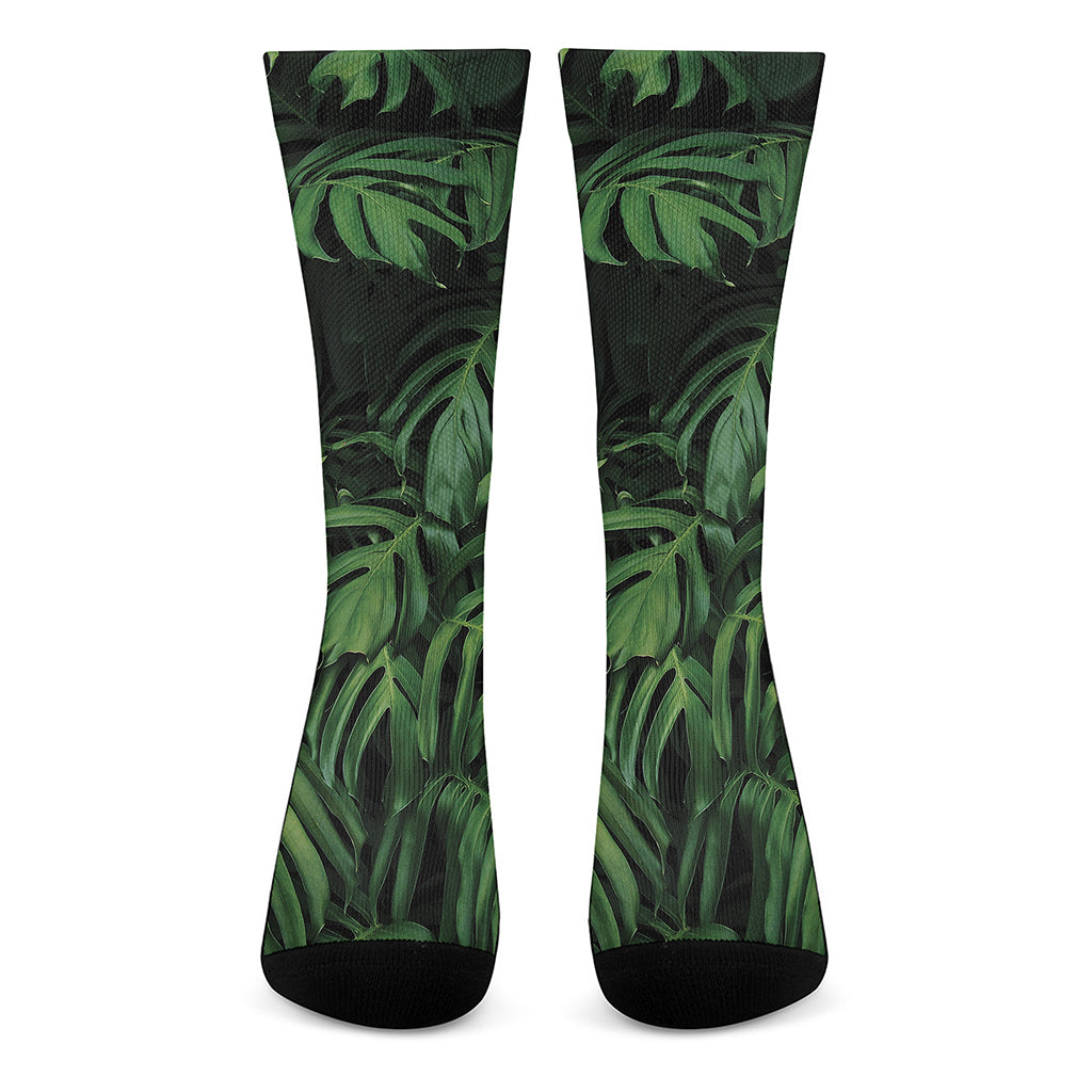 Green Monstera Leaf Print Crew Socks
