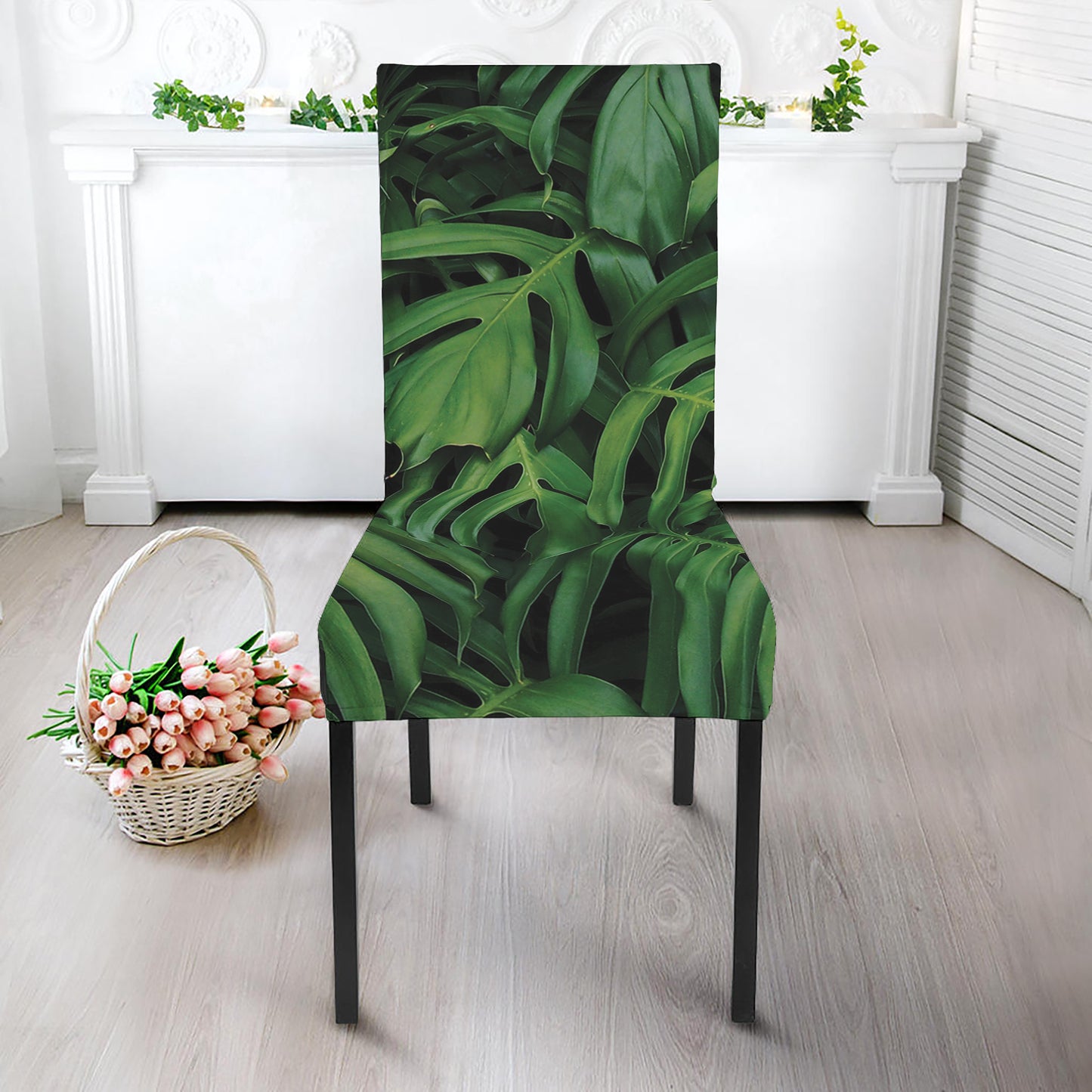 Green Monstera Leaf Print Dining Chair Slipcover