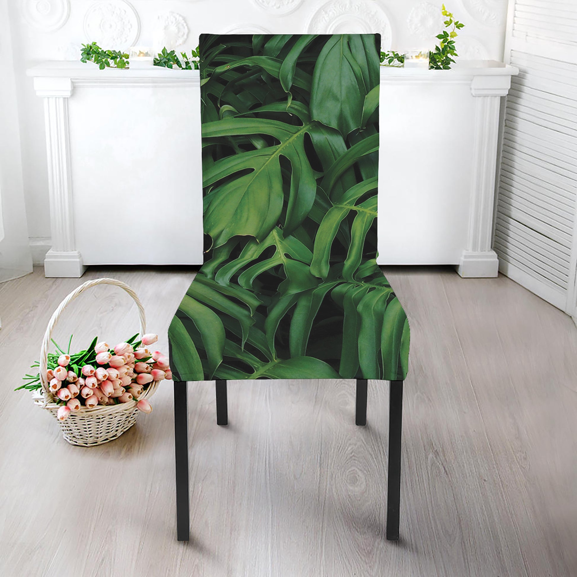 Green Monstera Leaf Print Dining Chair Slipcover