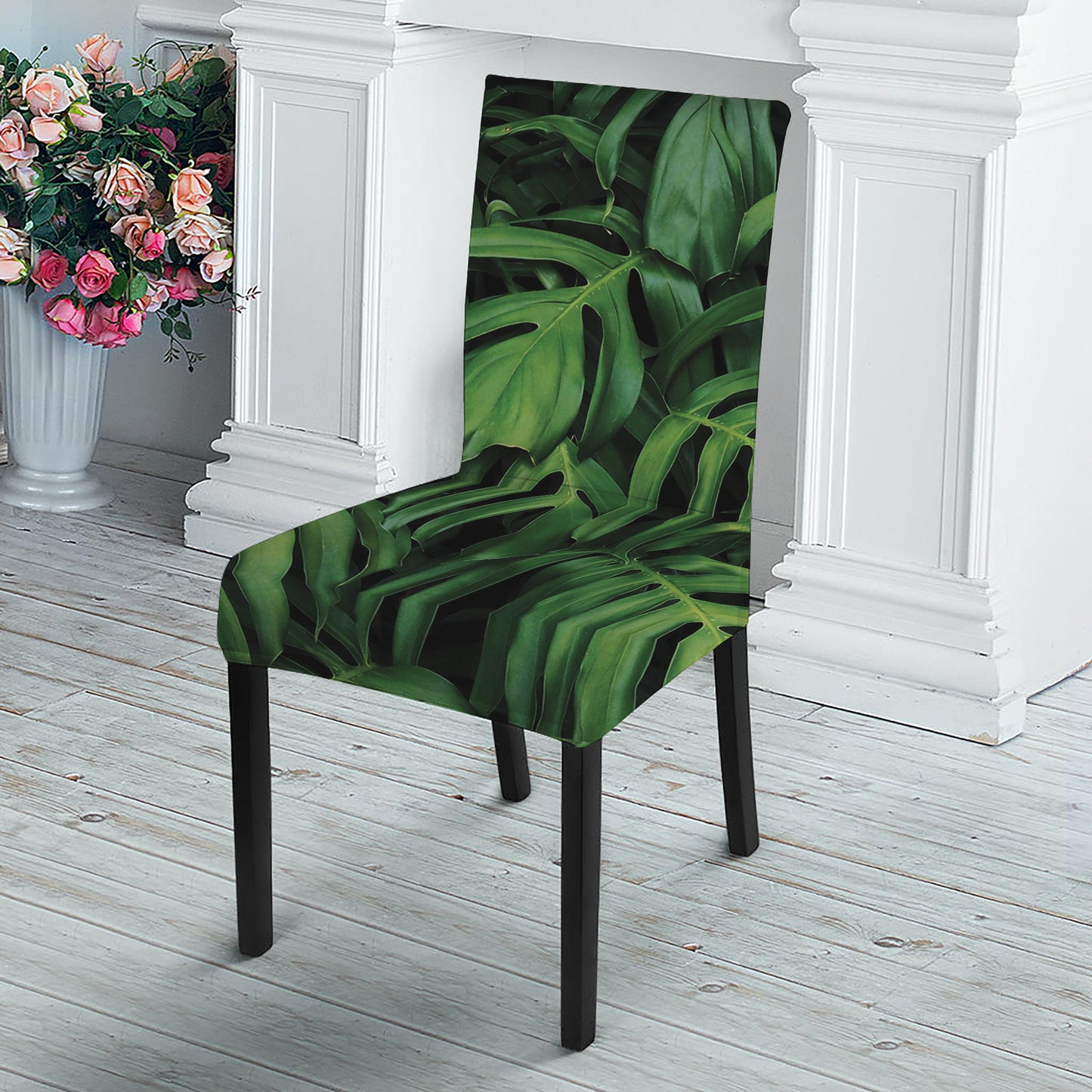 Green Monstera Leaf Print Dining Chair Slipcover