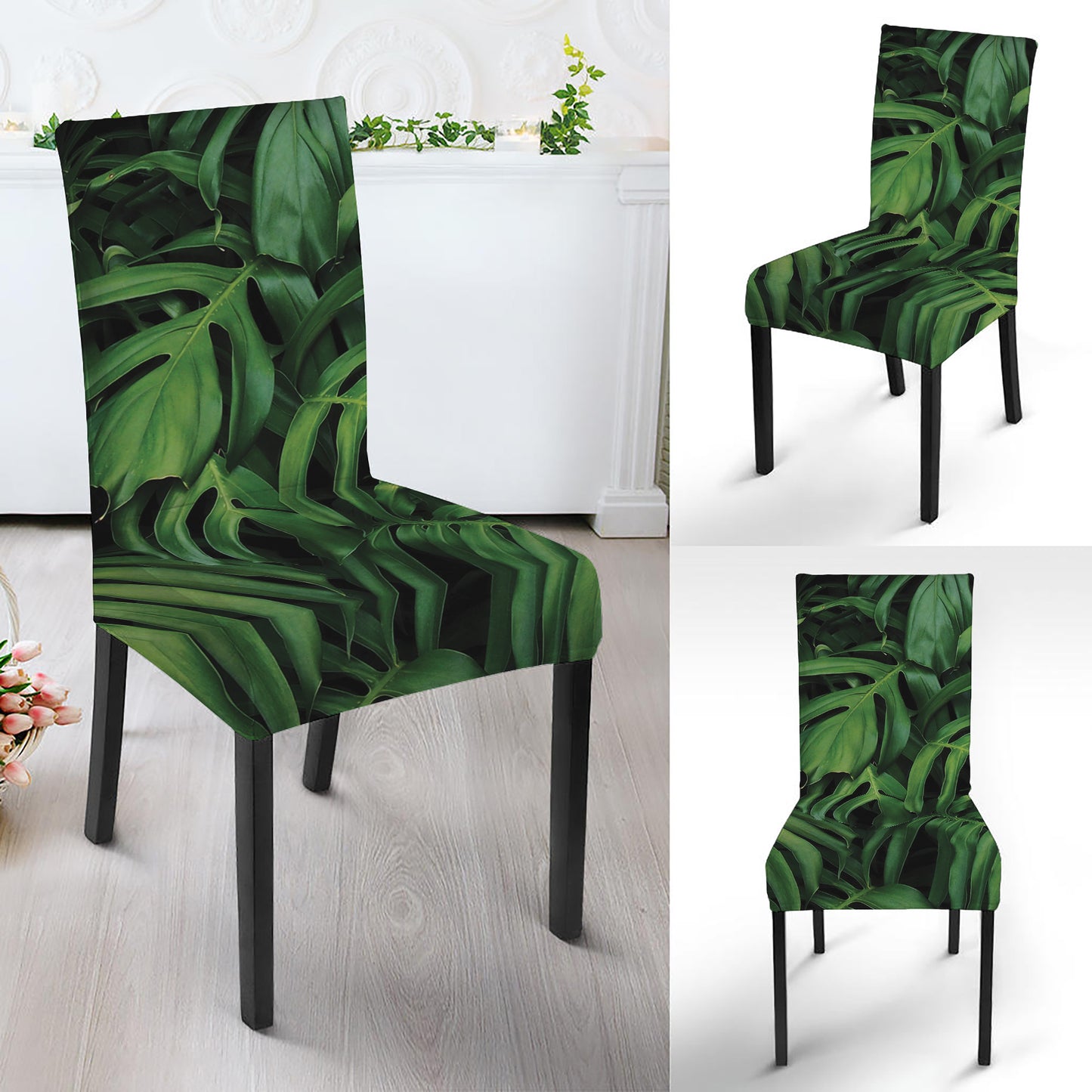 Green Monstera Leaf Print Dining Chair Slipcover