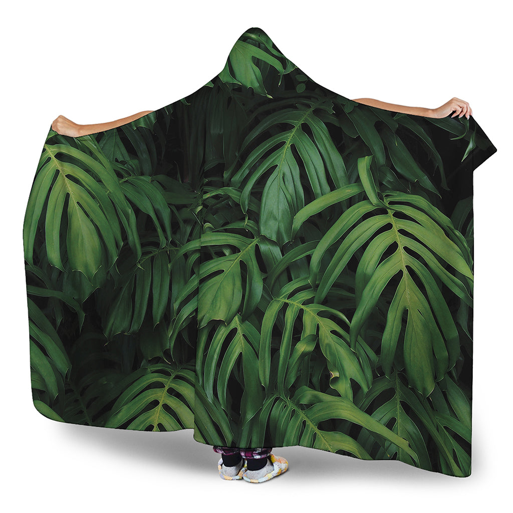 Green Monstera Leaf Print Hooded Blanket