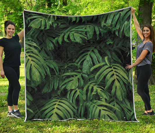 Green Monstera Leaf Print Quilt
