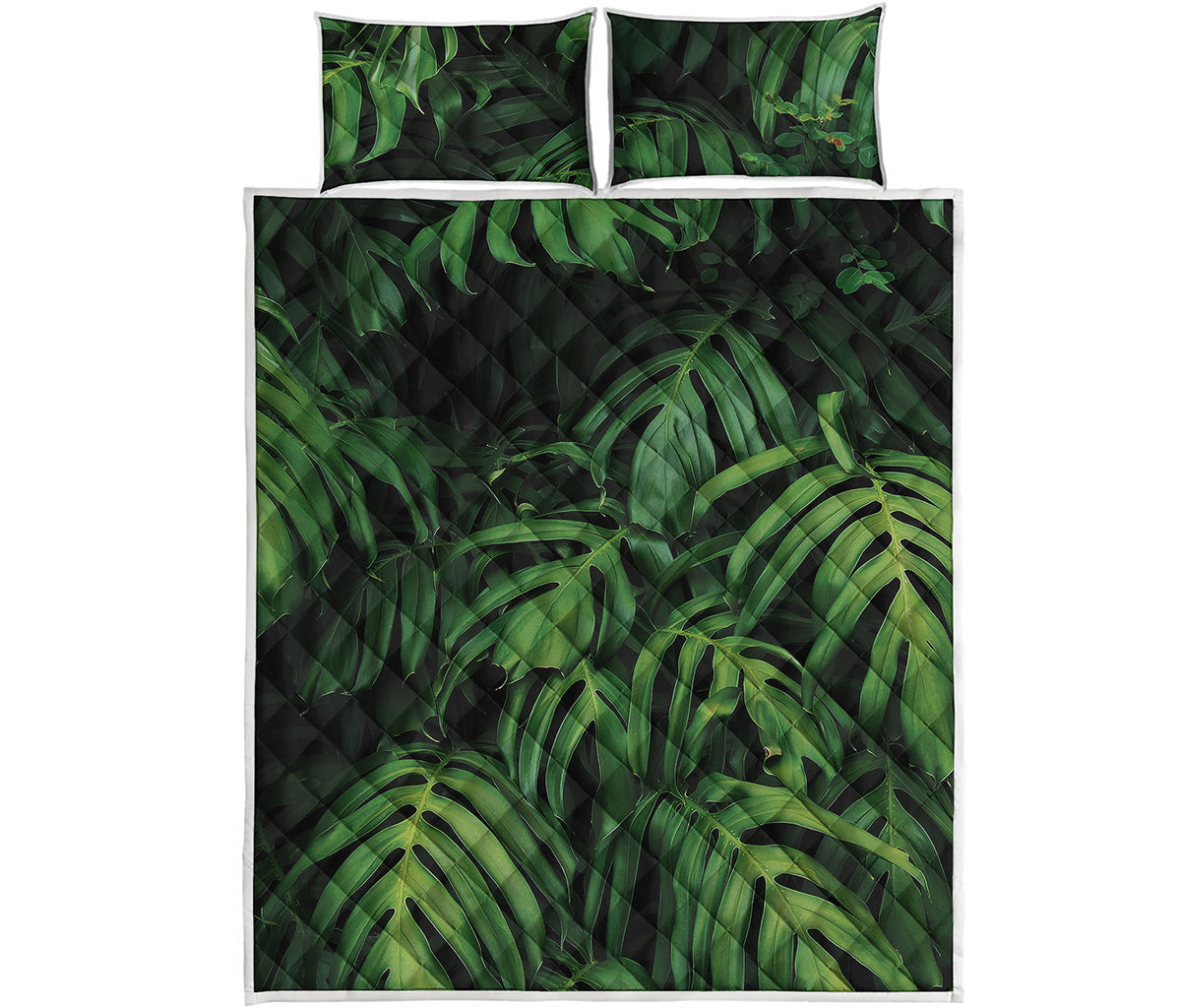 Green Monstera Leaf Print Quilt Bed Set
